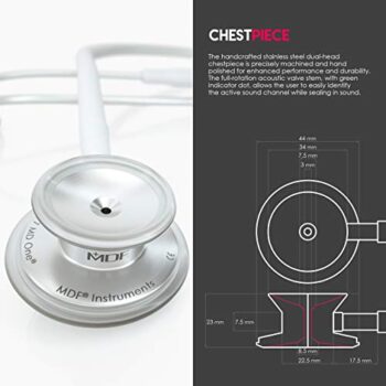 Fonendoscopio MDF MD One - Estetoscopio de acero inoxidable, adulto, tubo blanco, piezas torácicas y auriculares plateados, MDF77729 Colombia
